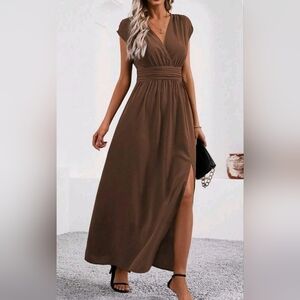 * New Flowy Dolman Ruched Waist Split Maxi Dress Brown